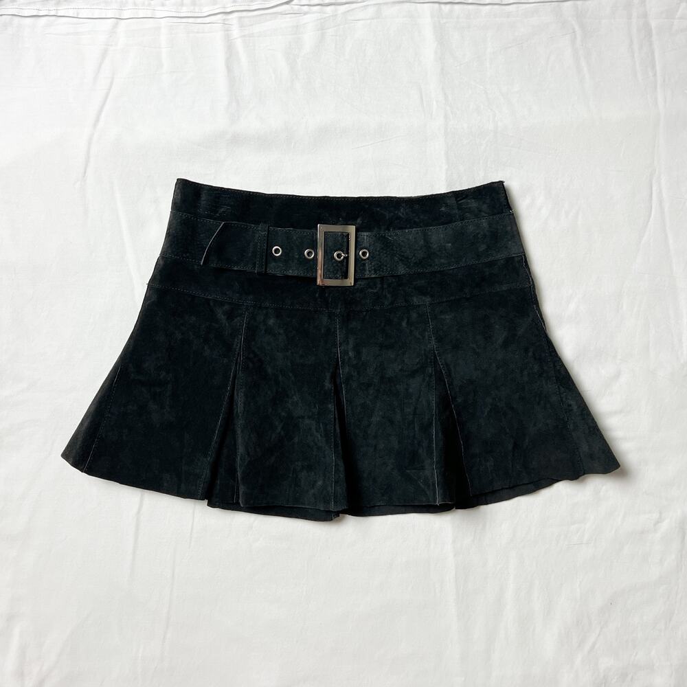 y2k vintage black suede leather belted buckle pleated micro mini skirt
